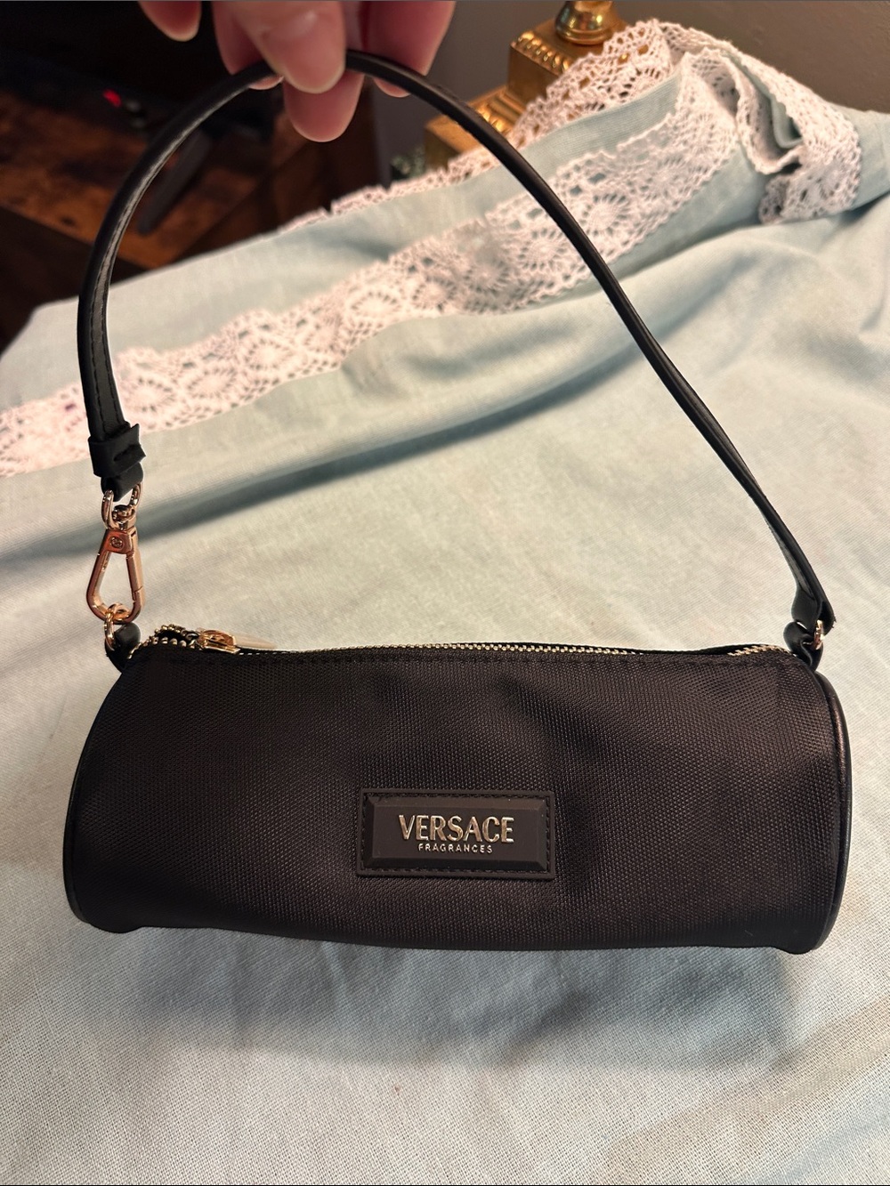 Versace Black Cylindrical Mini Wristlet with Gold Hardware